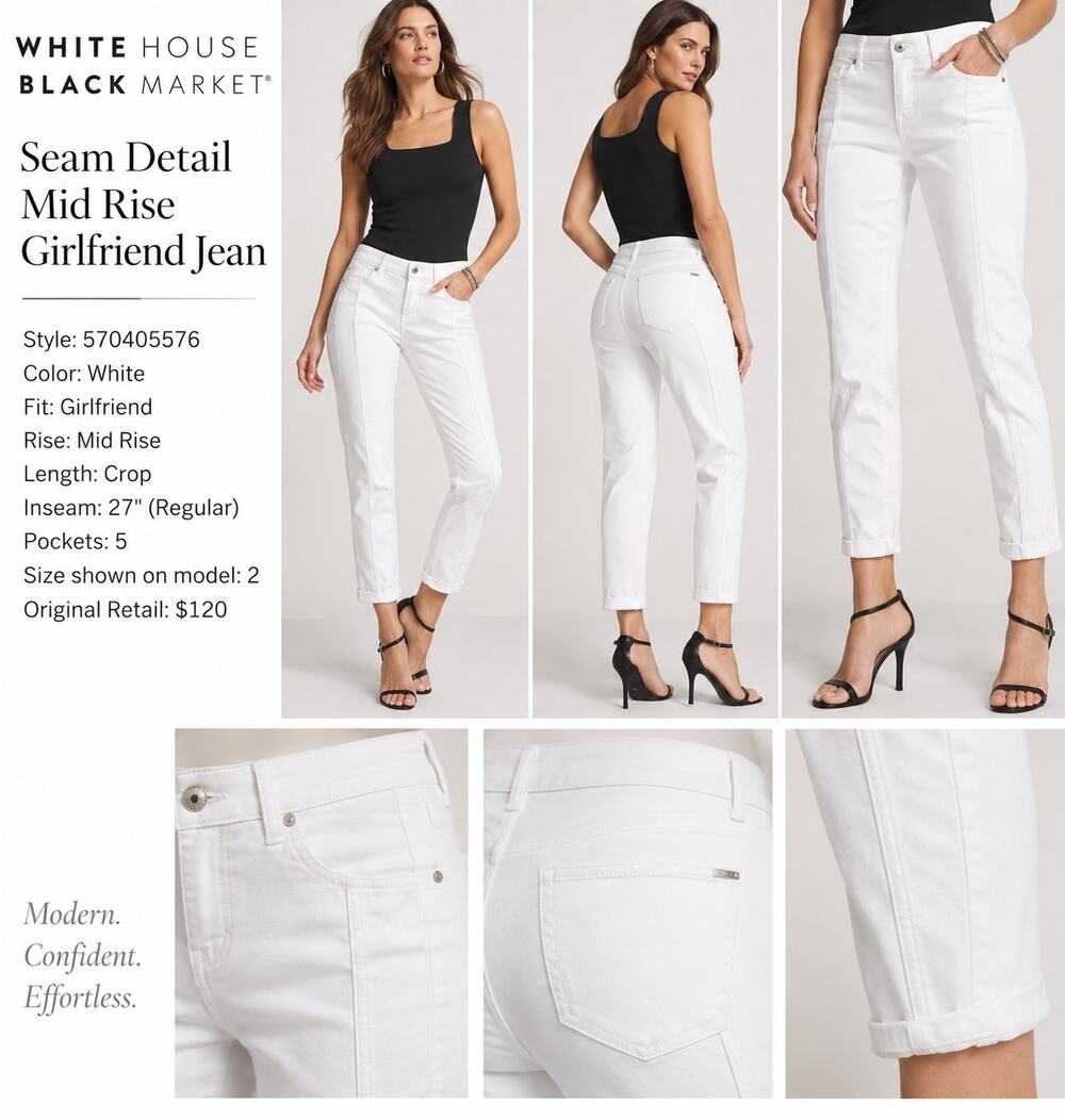 White House Black Market Seam Detail Mid Rise Girlfriend Jean Size 2R White NWT